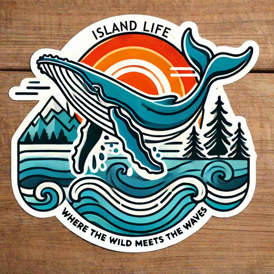 Whale breaching with trees and ocean in background