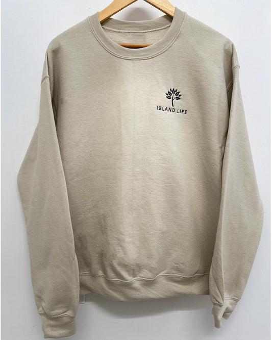 'Seashore Sand' Embroidered Crewneck Sweatshirt – 'Seashore Sand' embroidered crewneck sweatshirt, perfect for lounging or casual outings on the islands.