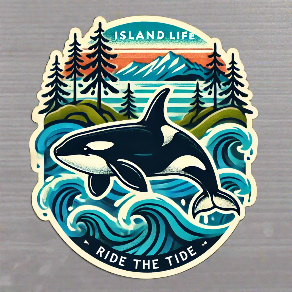 breaching orca whale with waves and mountains in background