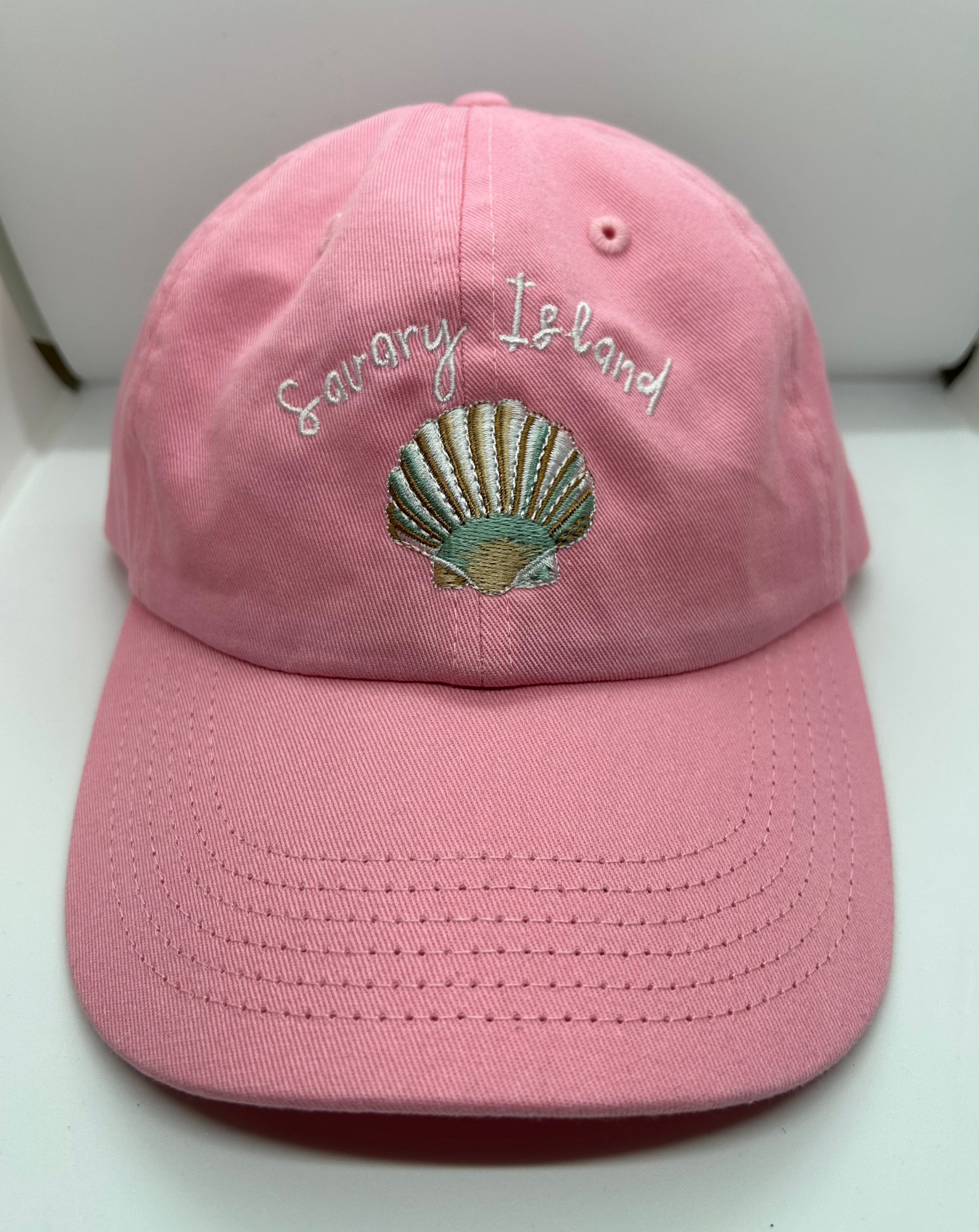 'Seashell' Dad Hat – Pink – 'Seashell' pink dad hat, with an eco-friendly embroidered design inspired by coastal adventures. Featuring Savary Island 