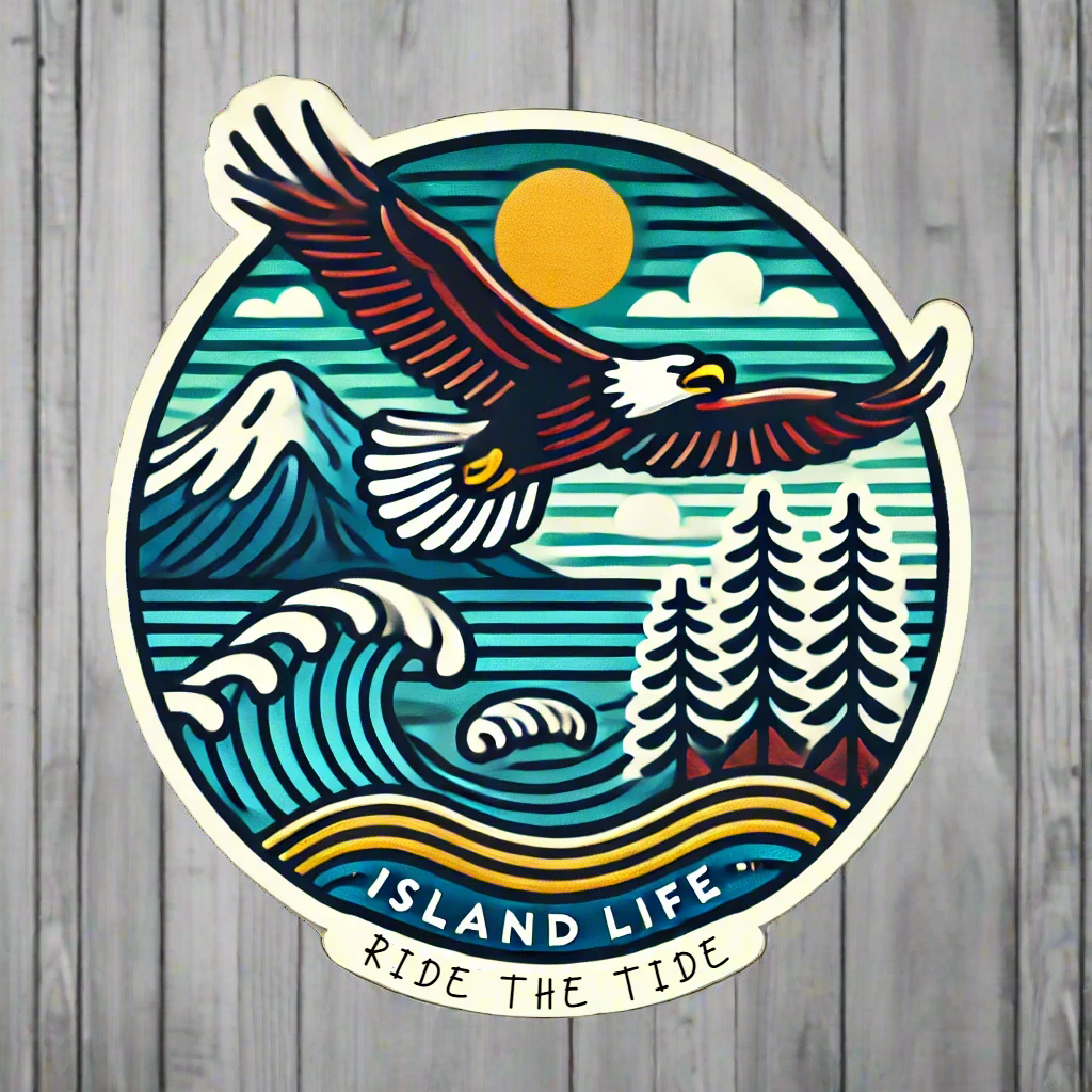 bald eagle flying with ocean, sun, waves and mountain in background 