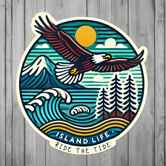 bald eagle flying with ocean, sun, waves and mountain in background 