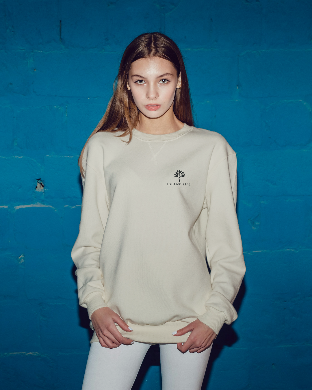 embroidered sand beige crewneck sweater